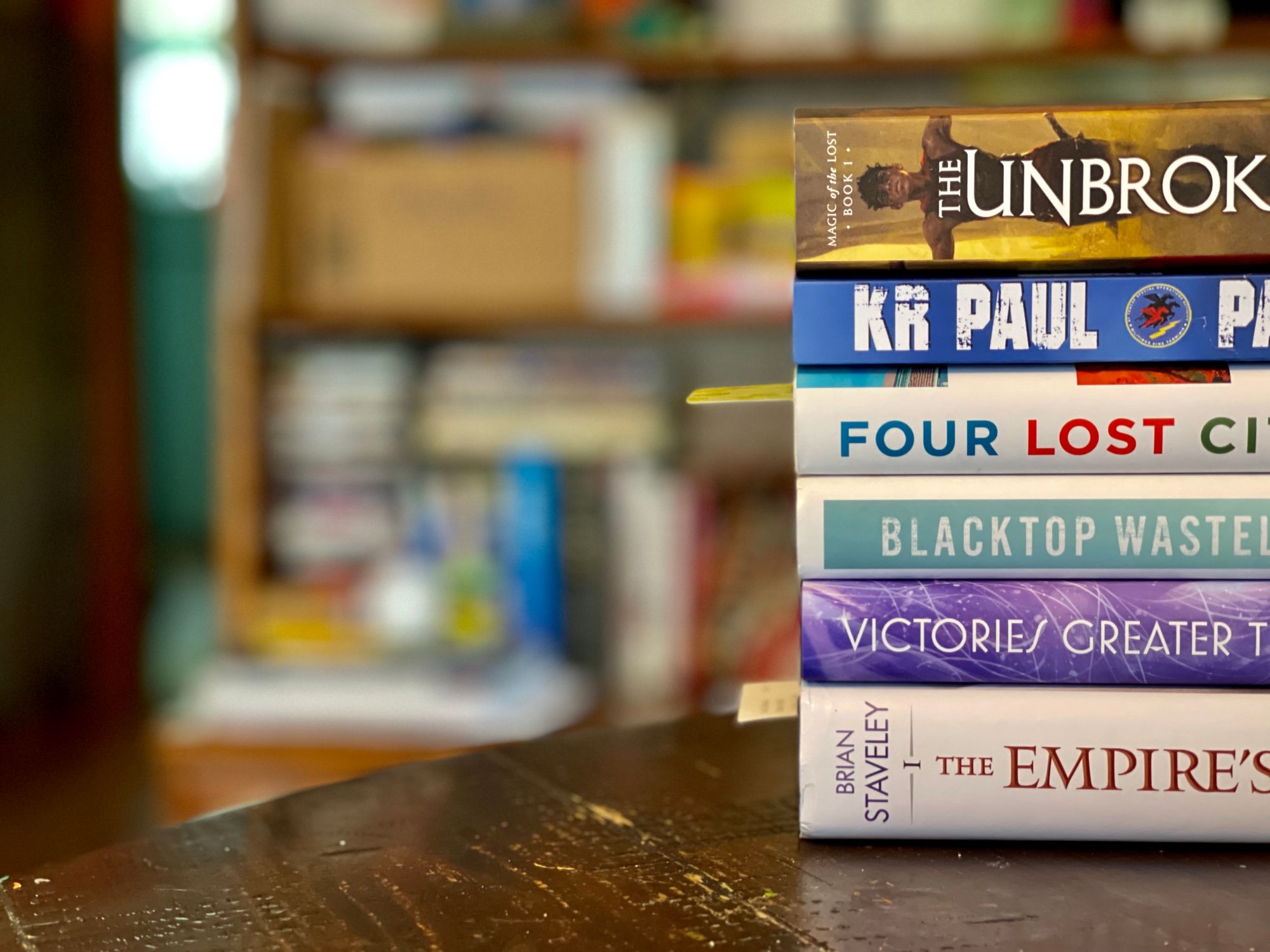 Stack of books on a table. 