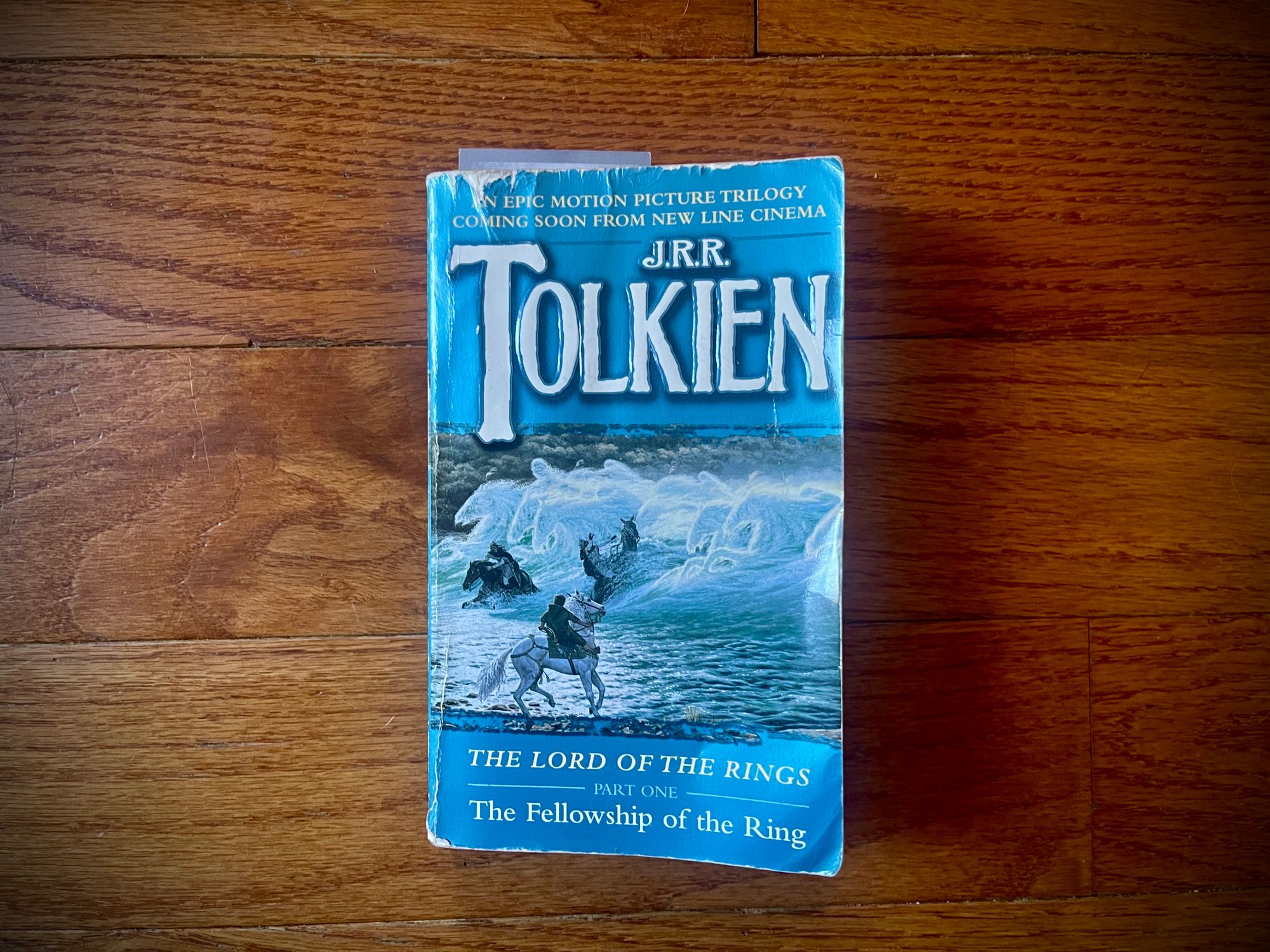 A battered paperback copy of J.R.R. Tolkien's Fellowship of the Ring with a blue cover.